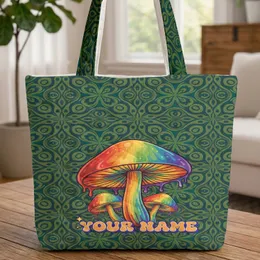 Melting Rainbow Mushroom Organic Swirls Chunky Bubble Letters - Mushroom Fan Gift Quilted Tote Bag