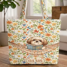 Shih Tzu Dog Reading Books Wildflower - Personalized Dog Lover Bookworm Gift Quilted Tote Bag