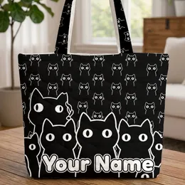 Personalized Minimalist Black Cats Thick White Outlines - Everyday Cat Lover Gift Quilted Tote Bag