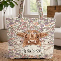 Highland Cow Wildflower Country Floral Cottagecore Farmhouse Decor for Cow Lover Quilted Tote Bag