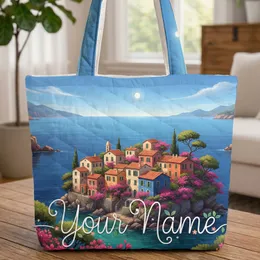 Mediterranean Coast Houses Bougainvillea Travel Essentials for Travel Lover Quilted Tote Bag