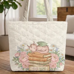 Sleeping Baby Dragon Vintage Books Peonies Daisies Butterflies Floral - Bookworm Fantasy Reader Gift Quilted Tote Bag