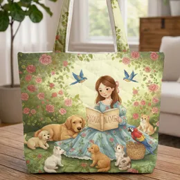 Girl Reading Book with Animals Garden Roses - Book Lover Everyday Tote Quilted Tote Bag