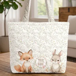 Baby Fox Baby Bunny Wildflower Leaves Your Name - Wildlife Lover Gift Quilted Tote Bag