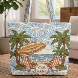 Personalized Beach Umbrella Chairs Seagulls Ocean Name Medallion - Summer Travel Essentials Quilted Tote Bag