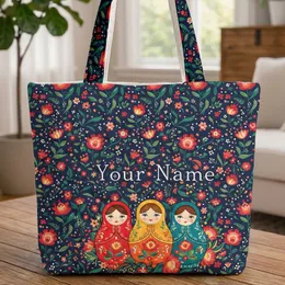 Smiling Matryoshka Dolls with Folk Art Flowers Berries Leaves Dots Scrolls Gift Quilted Tote Bag