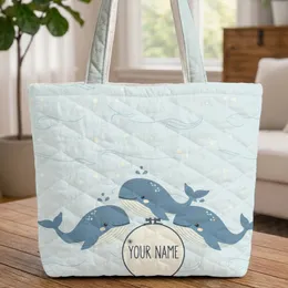 Blue Whales Bubbles Name - Ocean Lover Everyday Tote Quilted Tote Bag