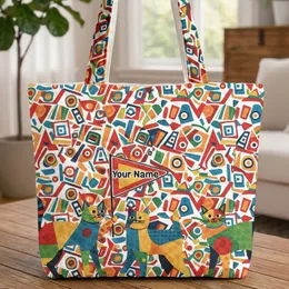 Geometric Cats Playing Triangle Flag Your Name - Everyday Tote Cat Lover Gift Quilted Tote Bag