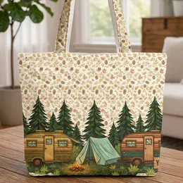Vintage Campers Campfire Pine Trees Pinecones Autumn Leaves - Camping Lover Gift Quilted Tote Bag
