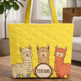 Three Alpacas Braided Border Swirling Yellow Curls - Alpaca Lover Everyday Tote Quilted Tote Bag