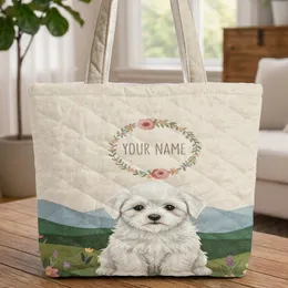 Fluffy Bichon Frise Puppy Wildflower Hills Personalizable Name Dog Lover Gift Quilted Tote Bag