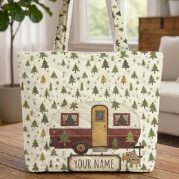 Ornate Vintage Camper Van Pine Tree Plaque - Outdoor Travel Lover Gift Quilted Tote Bag