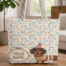 Dachshund Dog Striped Sweater Hat Paw Print Bone Circular Hoop - Dog Lover Pet Owner Gift Quilted Tote Bag