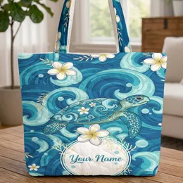 Aquatic Sea Turtle Plumeria Fronds Ocean Waves Bubbles Name Medallion Wildlife Lover Gift Quilted Tote Bag