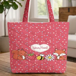 Glossy Red Strawberry Buzzing Bee White Daisy Heart Cartouche - Everyday Use Gift for Her Quilted Tote Bag