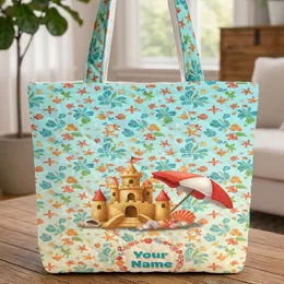 Seashell Starfish Hibiscus Sandcastle Beach - Summer Vacation Beach Lover Gift Quilted Tote Bag