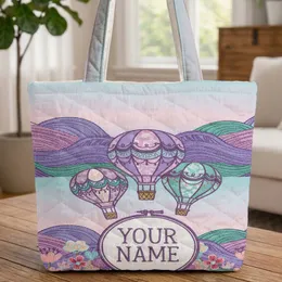 Personalized Hot Air Balloons Rolling Hills Field Flowers - Everyday Tote Quilted Tote Bag