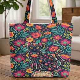 Black Cat Botanical Flowers Custom Name - Personalized Cat Lover Gift Quilted Tote Bag
