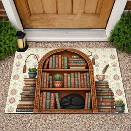 Black Cat Bookshelf Folk Art Books Cactus - Home Decor Gift for Book Lover Doormat