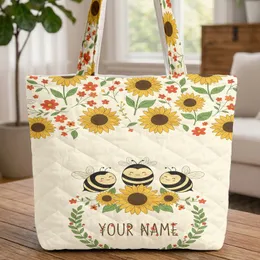 Cartoon Bees Sunflower Wildflower Floral Wreath - Everyday Tote Bee Lover Gift Quilted Tote Bag