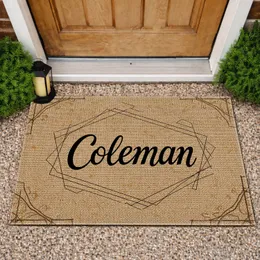 Custom Script Name Geometric Outline Burlap Texture - Farmhouse Home Decor Gift Doormat