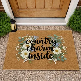 Country Charm Script Eucalyptus Daisy Baby's Breath - Natural Farmhouse Home Decor Gift Doormat