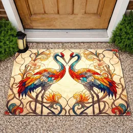Stained Glass Embracing Cranes Art Nouveau Floral Vines - Wildlife Lover Home Decor Gift Doormat