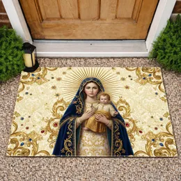 Virgin Mary Baby Jesus Gilded Floral Sunburst Cream Gold - Devotional Home Decor Gift Doormat