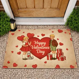 Girl Boy Kitten Rustic Red Heart Valentines Day Balloons Gift Boxes Celebration Doormat