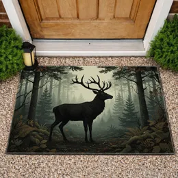 Charcoal Stag Textured Antlers Silhouette Pine Forest Woodland - Wildlife Home Decor Gift Doormat