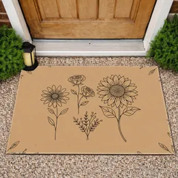 Sunflower Rose Daisy Floral Black Outline Brown Background - Home Decor Gift Doormat