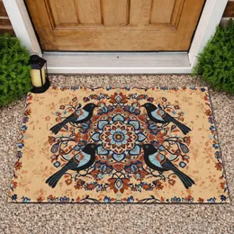 Black Birds Mandala Geometric Floral Folk Art Vines - Home Decor Gift for Bird Lovers Doormat