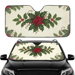 Red Holly Berries Deep Green Spiky Leaves Brown Stems - Christmas Holiday Decor Gift Car Sunshade