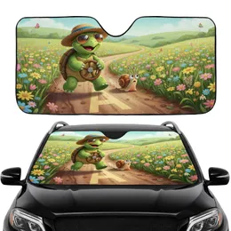 Happy Green Turtle Snail Wildflowers Country Road - Auto Decor Gift Car Sunshade