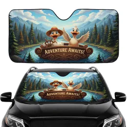 Cheerful Anthropomorphic Ducks River Forest Mountains - Adventure Travel Gift for Nature Lovers Car Sunshade