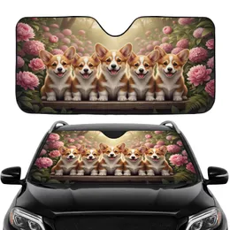 Smiling Corgi Puppies Wooden Ledge Garden Flowers - Dog Lover Lifestyle Gift Car Sunshade