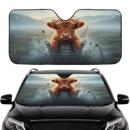 Baby Highland Cow in Bucket Scottish Moorland - Farmhouse Decor Gift for Cow Lover Car Sunshade
