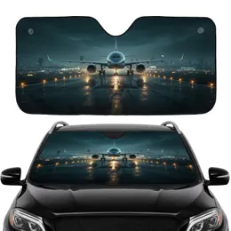 Airplane Landing Lights Wet Tarmac Runway Reflections Night - Aviation Enthusiast Gift Car Sunshade