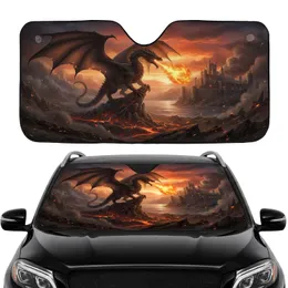 Menacing Black Dragon Fiery Castle Volcanic Landscape - Fantasy Lover Gift Car Sunshade