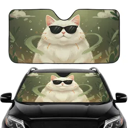 Plump White Cat Black Sunglasses Orange Whiskers Pink Ears Lush Greens - Cat Lover Gift Car Sunshade