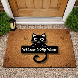 Black Cat Wide Eyes Whiskers Welcome Home Banner - Outdoor Welcome Home Decor Gift for Cat Lover Doormat