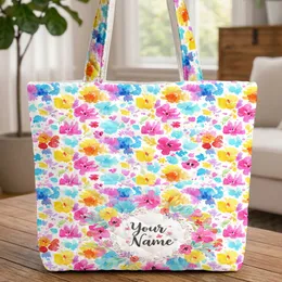 Abstract Watercolor Floral Bouquet Wreath Paint Splatters - Everyday Travel Lifestyle Gift Quilted Tote Bag