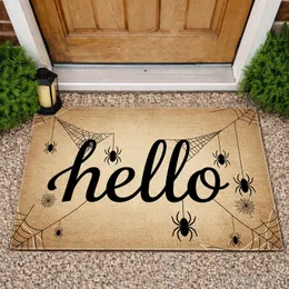 Bold hello Script Black Spiders Hanging Webs - Elegant Rustic Welcome Home Garden Decor Doormat