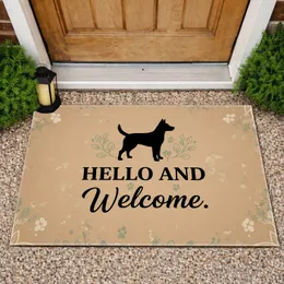Standing Dog Silhouette Hello Welcome Botanical Paw Prints - Home Decor Gift Doormat