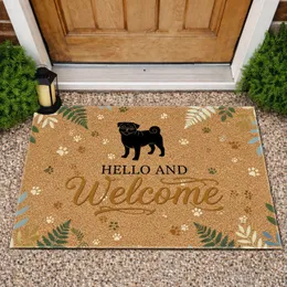 Cheerful Pug Dog Hello Welcome Sign Botanical Ferns Paw Prints - Home Entryway Decor Gift Doormat