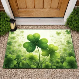 Three Shamrock Clovers Abundance Emerald Green Border Creamy White Field Celebratory Home Decor Gift Doormat