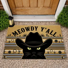 Black Cat Cowboy Hat Meowdy Y'all - Western Desert Cactus Home Decor Cat Lover Gift Doormat