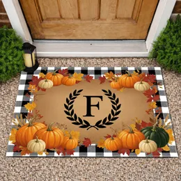 Custom Letter Monogram Autumn Pumpkins Fall Leaves Buffalo Check - Harvest Home Decor Doormat