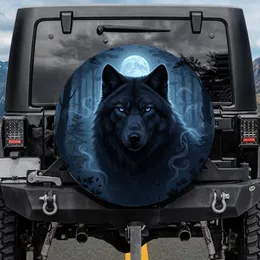 Majestic Black Wolf Head Electric Blue Eyes Moonlit Forest - Wildlife Lover Gift Spare Tire Cover