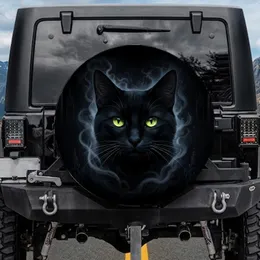 Sleek Black Cat Glowing Yellow Green Eyes Whiskers - Mysterious Home Decor Gift for Cat Lover Spare Tire Cover